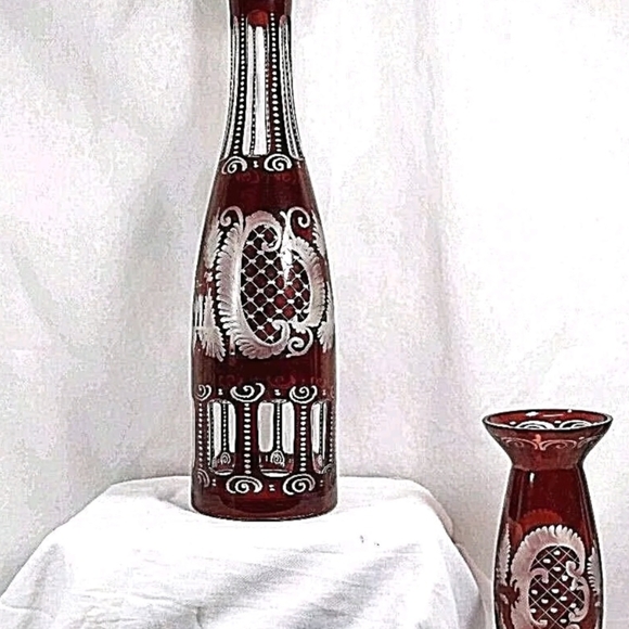 Antique Volmer 1888 Cut To Clear Ruby Red Glass Wine Decanter Set Glasses & Vase - Picture 16 of 16